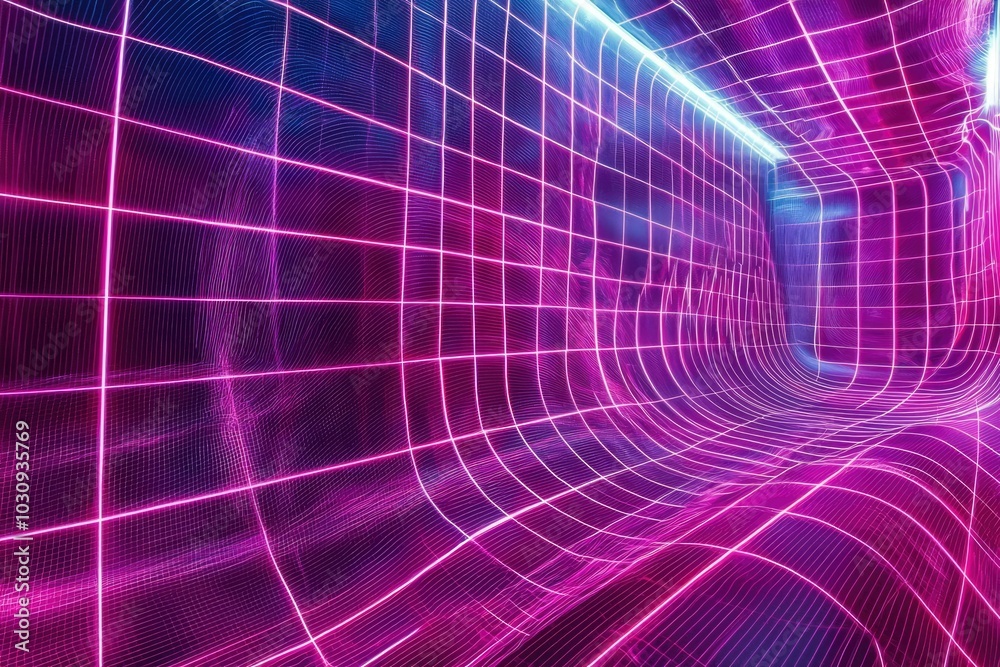 Abstract Pink and Blue Grid Tunnel with Glowing Lines
