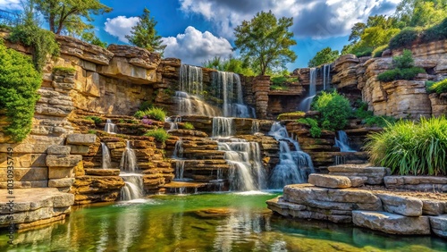 panoramic small waterfall, layered rock landscaping, Branson Missouri