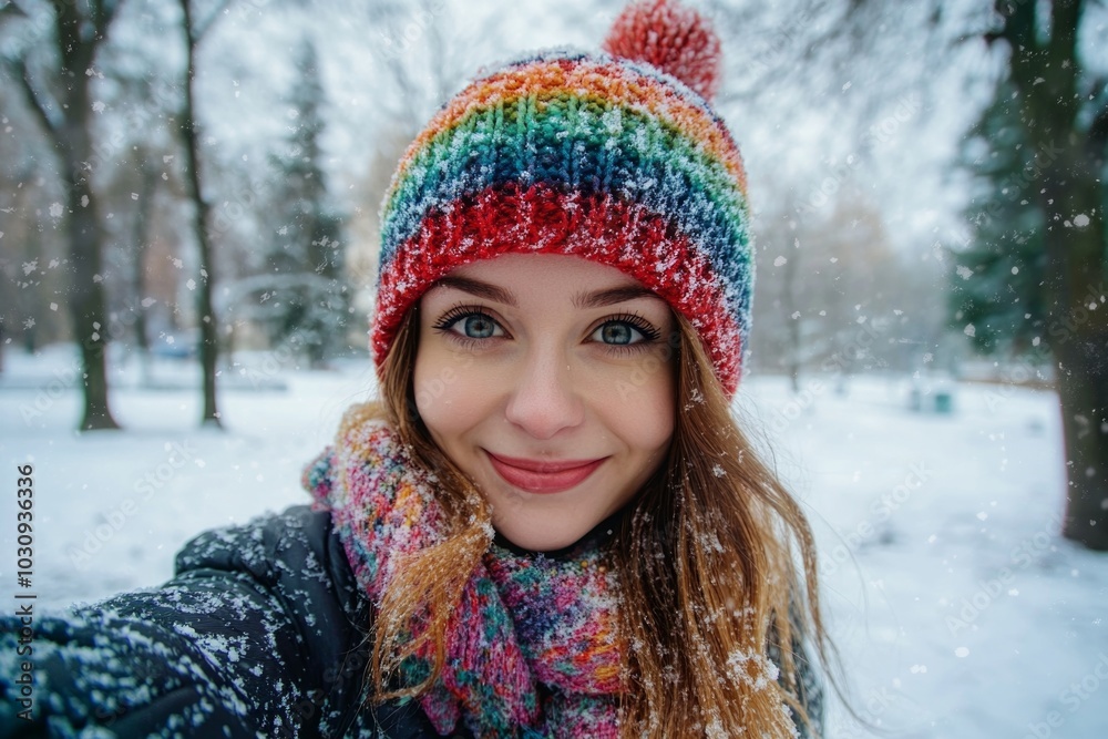 Joyful winter selfie: woman smiling in snowy park with colorful knit hat and scarf Joyful winter selfie: woman smiling in snowy park with colorful knit hat and scarf