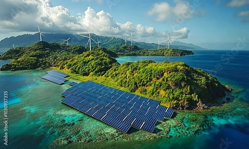 Aerial view of solar panels and wind turbines on lush islands, showcasing renewable energy.