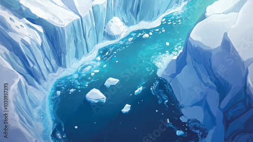 Seawater in Crevice Between Two Icebergs Cartoon Background Illustration Featuring Serene Scene Majestic Ice Formations Vibrant Blue Water and Tranquil Atmosphere