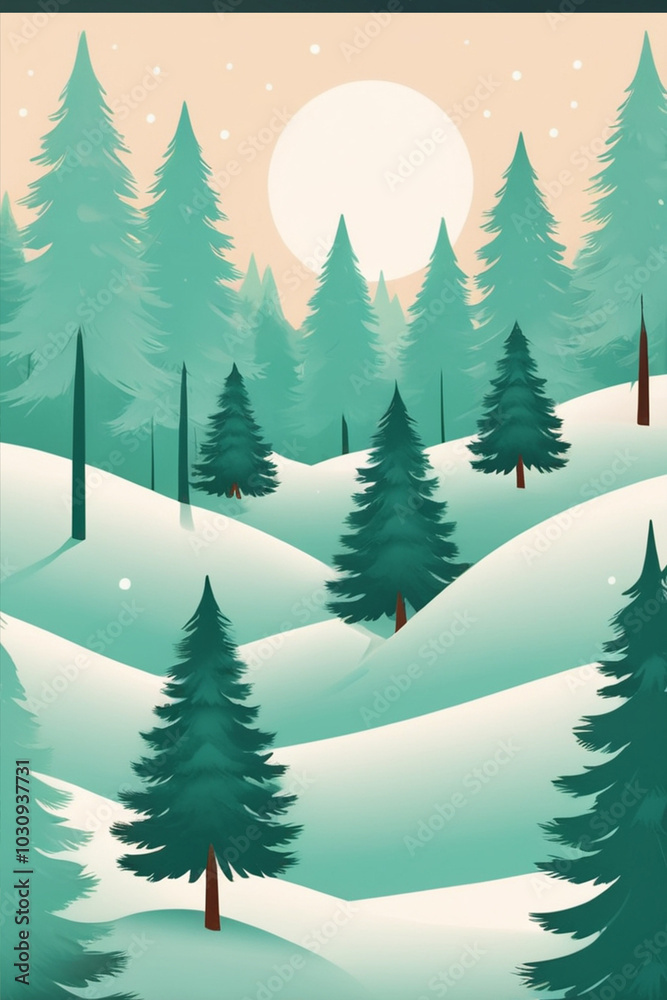Fototapeta premium winter landscape with trees, green illustration, winter tree, winter landscape forest, happy holiday