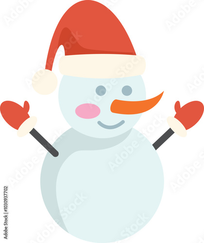 Smiling snowman wearing a santa hat and mittens waving with both hands