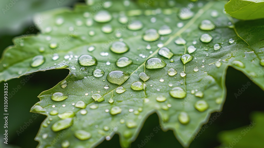 Close-up of raindrops resting on a vibrant green leaf. Close-up of raindrops resting on a vibrant green leaf.