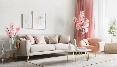 Home mock up, modern feminine living room interior background, 3d render