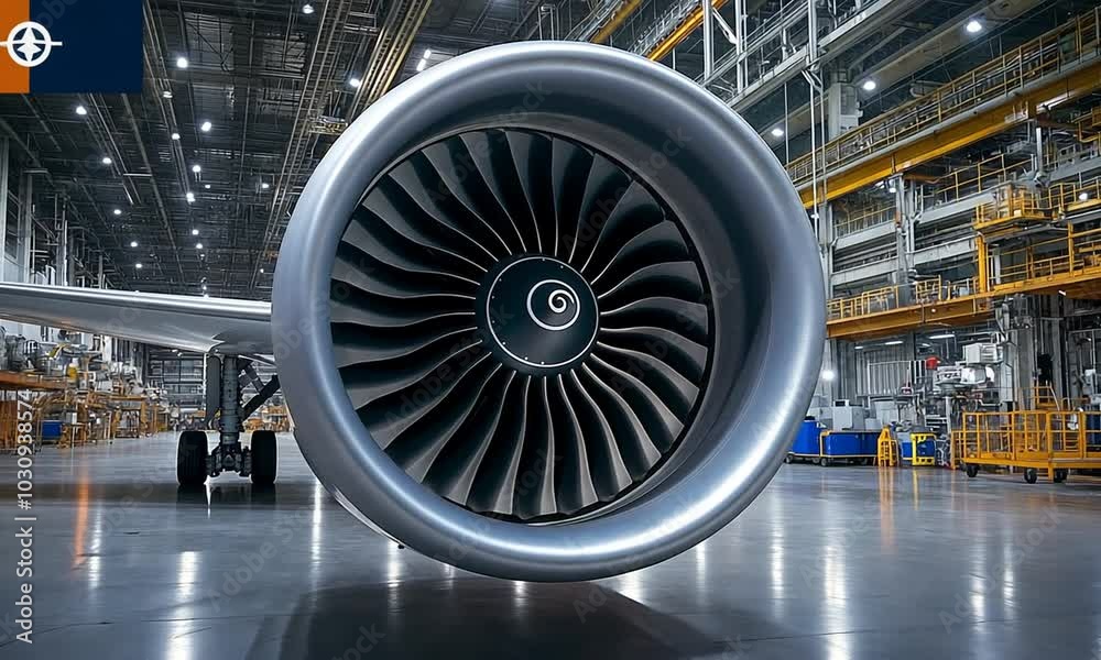 Close-up of an aircraft engine in a manufacturing facility showcasing industrial design.