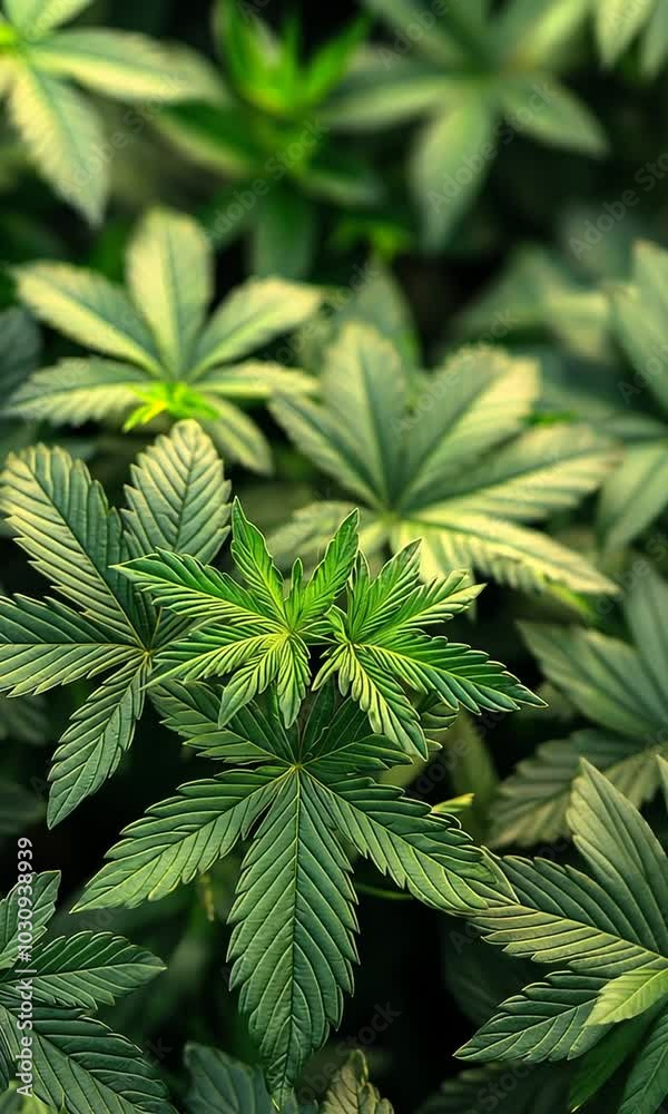Close-up of lush green cannabis leaves in natural light. Close-up of lush green cannabis leaves in natural light.
