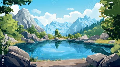 Small Lake with Incredibly Clear Water Surrounded by Mighty Mountains Cartoon Background Illustration Featuring Stunning Landscape Vibrant Colors and Tranquil Nature Scene