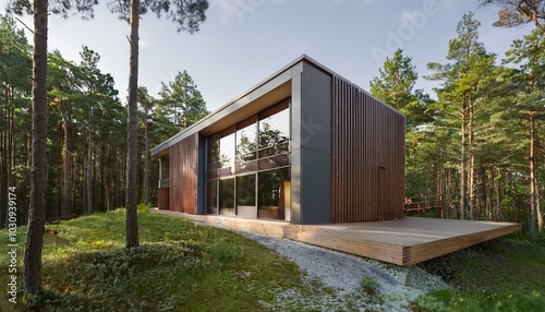 Modern house in forest, 3d render