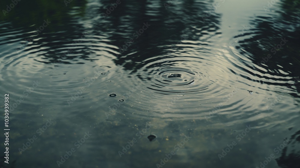 Close-up of ripples forming on the surface of still water with reflections of trees. Close-up of ripples forming on the surface of still water with reflections of trees.