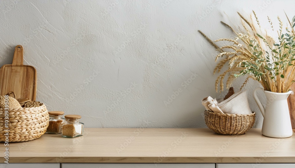 Wall mock up in kitchen interior, Farmhouse style, 3d render Wall mock up in kitchen interior, Farmhouse style, 3d render