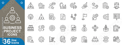 Business project line icons set. Project management, team, budgeting, deadline, task allocation, data analysis and more, vector illustrator.