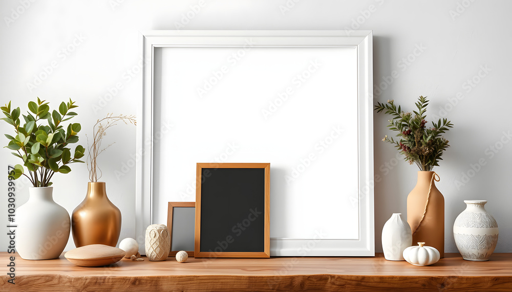 White frame and home decoration details on tabletop with wall, artwork poster mock-up isolated with white highlights, png White frame and home decoration details on tabletop with wall, artwork poster mock-up isolated with white highlights, png