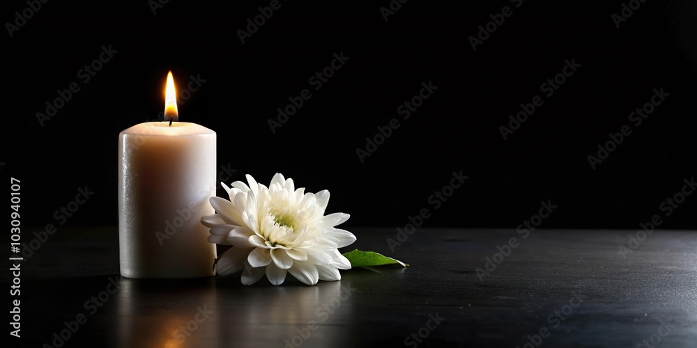 Reflected burning candle with white flower on black background Reflected burning candle with white flower on black background