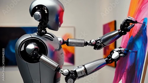 A robotic artist creating an abstract painting on a canvas.