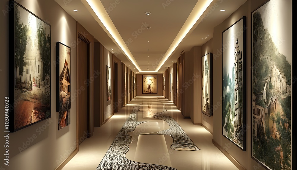 A boutique hotel hallway adorned with local artwork and photographs A boutique hotel hallway adorned with local artwork and photographs