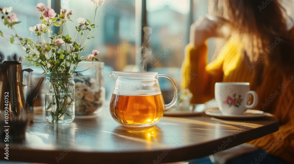 A person enjoys a cup of herbal tea at a bright cafe, surrounded by fragrant flowers and a soothing ambiance A person enjoys a cup of herbal tea at a bright cafe, surrounded by fragrant flowers and a soothing ambiance