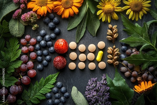 Natural Supplements: Vibrant Botanical Ingredients and Health Capsules on Dark Background