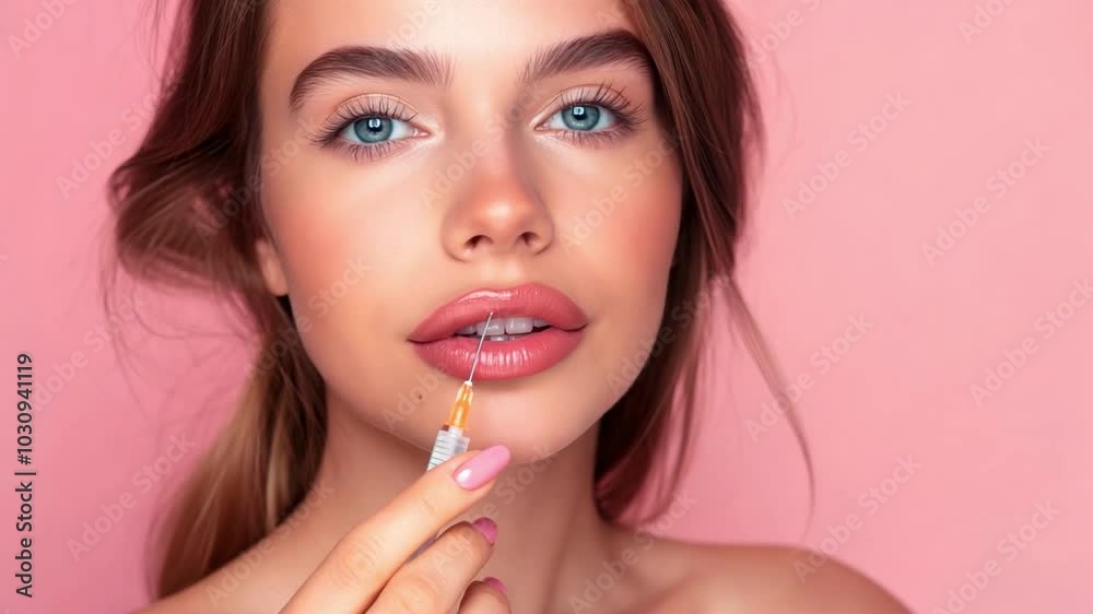 A young woman is preparing to enhance her lips with filler, holding syringe near mouth, in a vibrant pink setting A young woman is preparing to enhance her lips with filler, holding syringe near mouth, in a vibrant pink setting