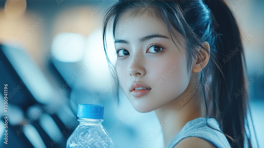 Young Woman at Gym with Water Bottle: Fitness, Refreshment, and Health Focus Young Woman at Gym with Water Bottle: Fitness, Refreshment, and Health Focus