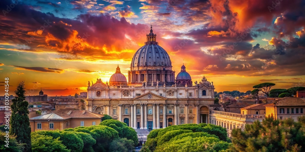 Fototapeta premium Sunset Over St. Peter's Basilica Dome in Rome, Captivating Sky Colors and Architectural Grandeur