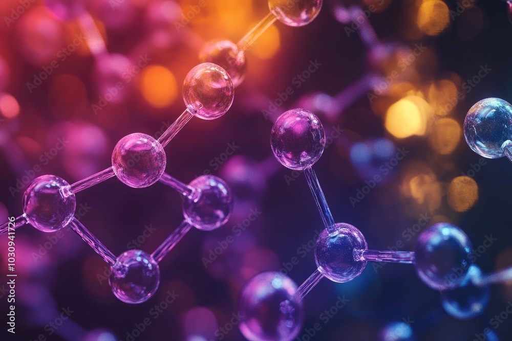 Vibrant Molecular Structure with Colorful Bokeh Background in Modern Science Art