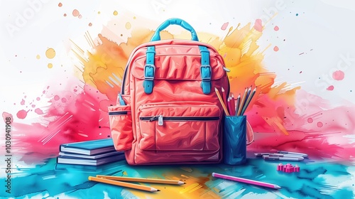 Bright orange backpack with pencils and books on colorful desk