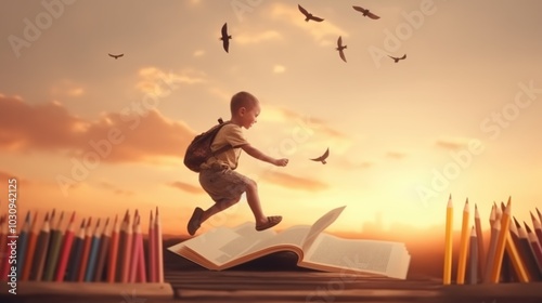 Child with backpack jumping over open book during sunset