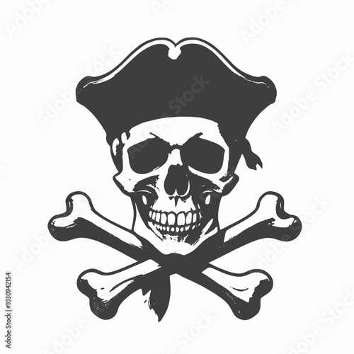 A black and white illustration of a human skull with crossbones, a classic pirate symbol 