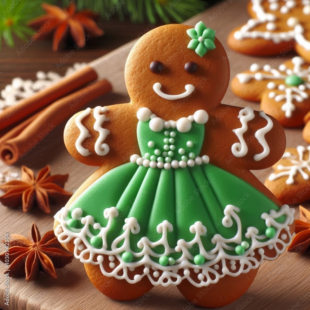 Gingerbread woman with a green dress and icing details. Baking recipes for Christmas and New Year. Postcard Gingerbread woman with a green dress and icing details. Baking recipes for Christmas and New Year. Postcard