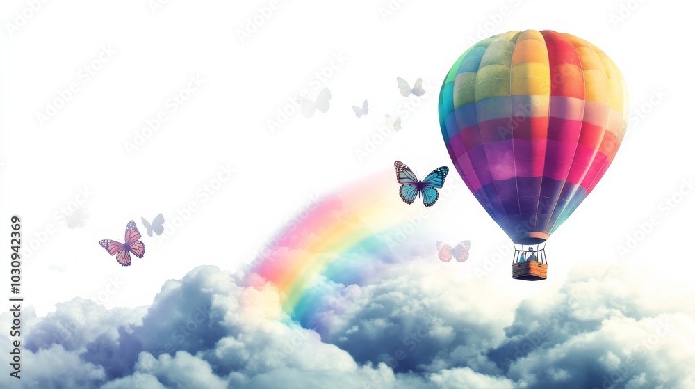 Obraz premium Hot Air Balloon Flying Above Clouds With Rainbow And Butterflies.