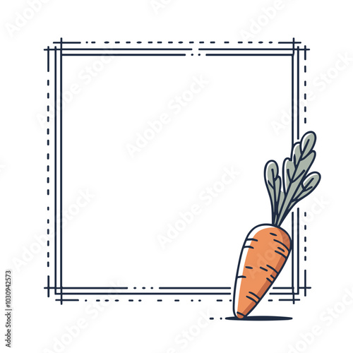 Minimalistic carrot illustration with decorative frame and copy space on white background