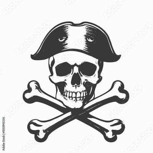 A black and white illustration of a human skull with crossbones, a classic pirate symbol 