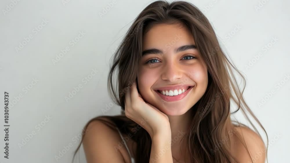 A woman with long, flowing hair beams with joy, her natural beauty highlighted by the bright indoor light in front of white wall