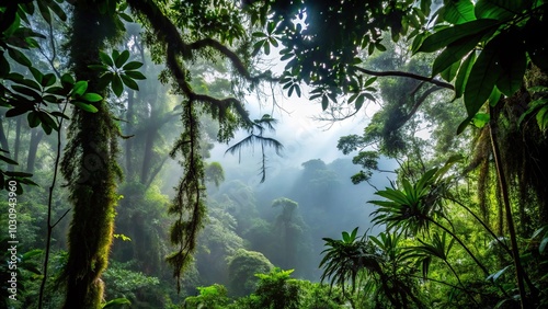 Silhouette of liana and vegetation in the jungle of Monteverde