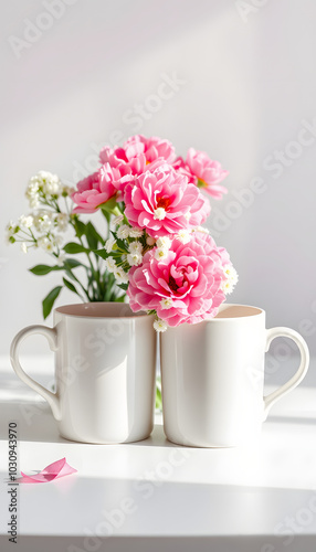 Two mugs mockup with a bouquet of pink carnations and a gypsophila on a white table isolated with white highlights, png