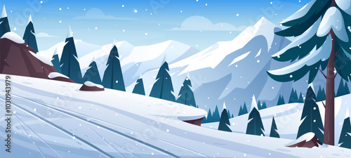 Winter mountain ski landscape. Vector illustration of ski resort with snowy hills, pine trees, cliff, ski track, sled, snowboard. Outdoor holiday activity in Alps. Winter skiing and snowboarding sport
