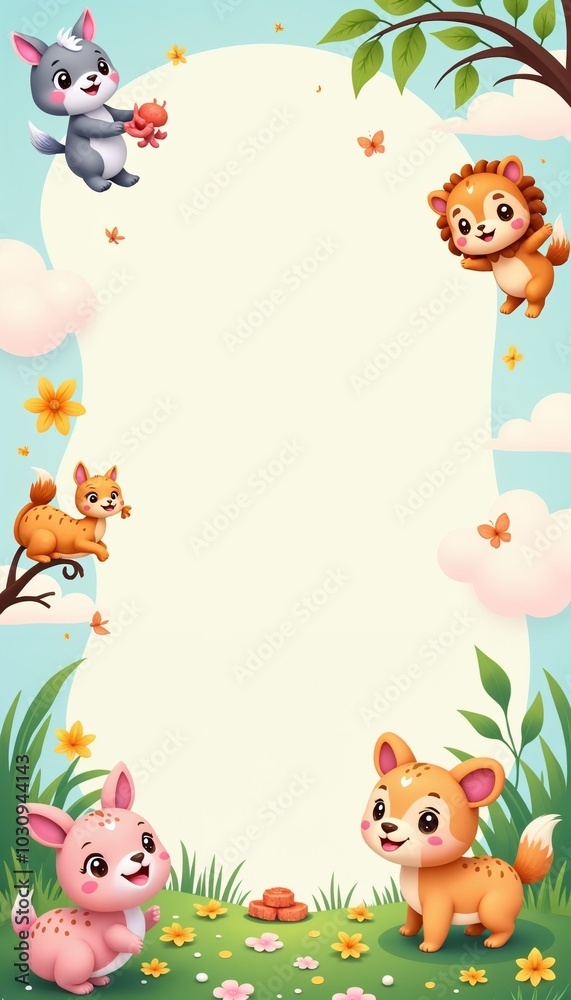Fototapeta premium Cute cartoon animals playing in a vibrant nature scene with a blank space for text and messages