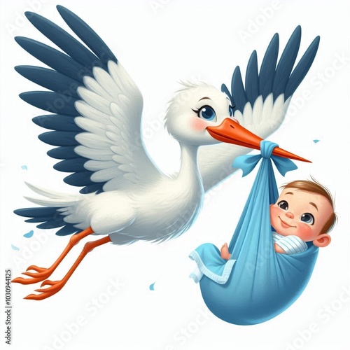 Stork carries baby on white background