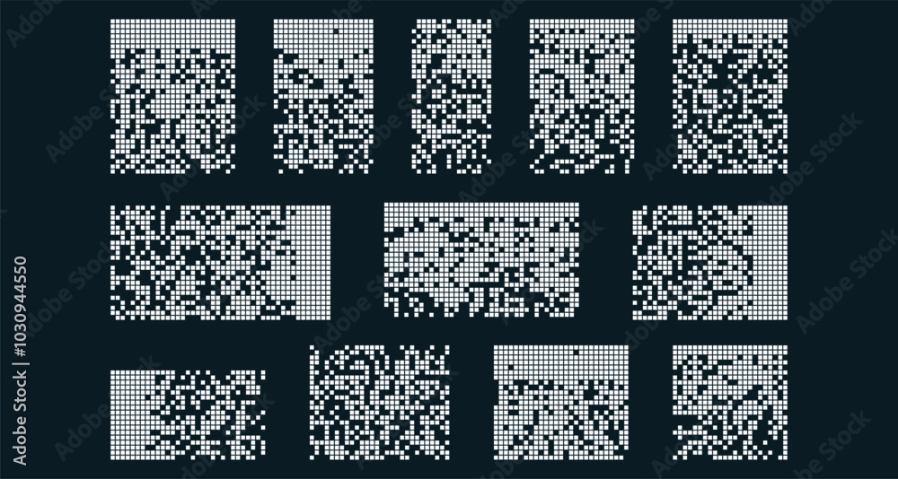 Pixel disintegration on dark backgrounds. Dispersed dotted pattern ...