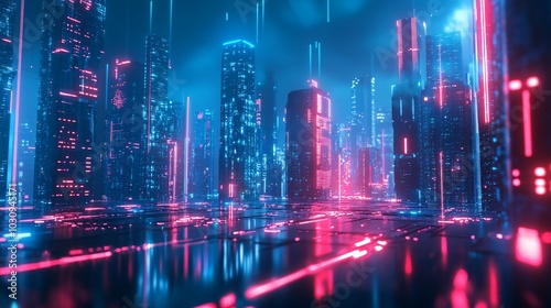 Wallpaper Mural Neon Cityscape: Futuristic Urban Landscape with Glowing Lights Torontodigital.ca