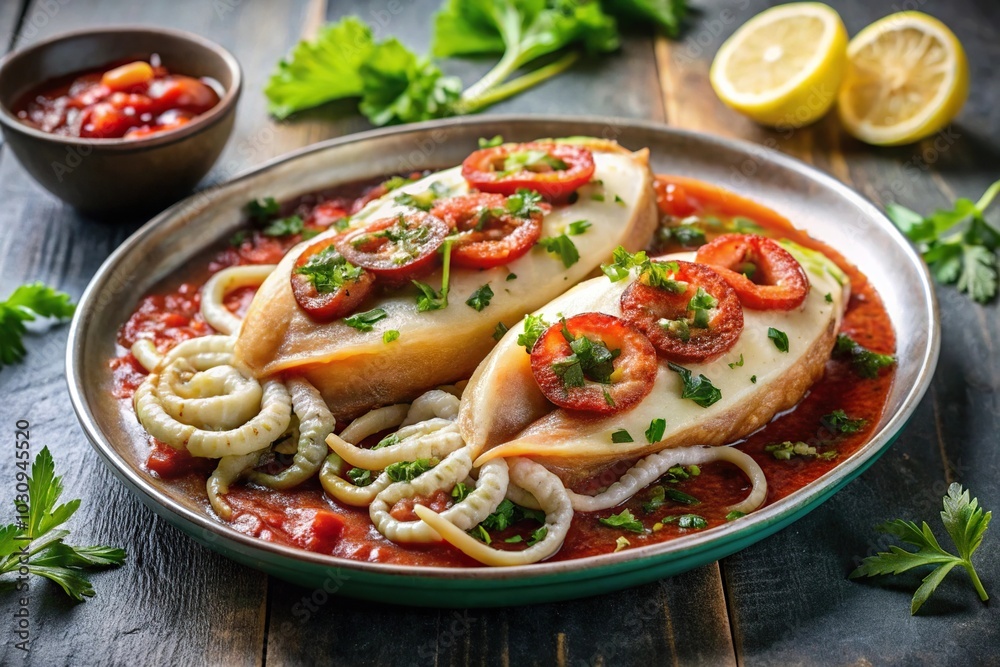 Stuffed squid with parmesan cheese, onion, and parsley in tomato sauce Stuffed squid with parmesan cheese, onion, and parsley in tomato sauce
