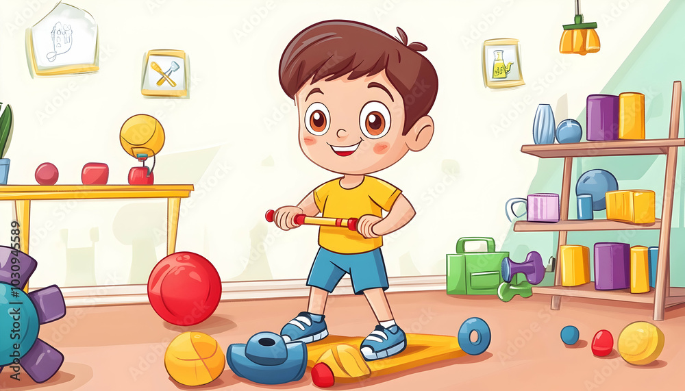 Cartoon illustration of a child engaging in training or exercise, tailored for a children's audience Cartoon illustration of a child engaging in training or exercise, tailored for a children's audience