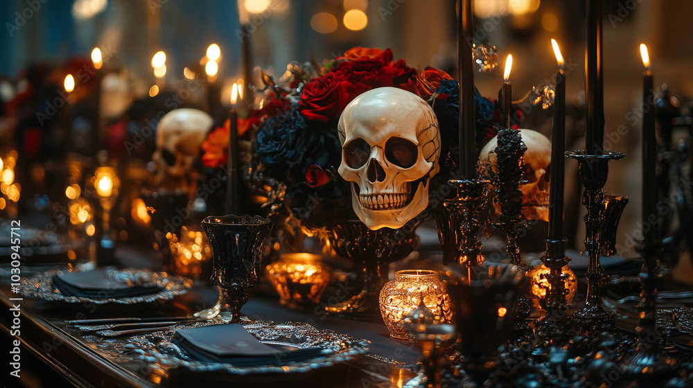 A hauntingly elegant dinner setup featuring black candles, skulls, and dark floral arrangements perfect for a gothic celebration A hauntingly elegant dinner setup featuring black candles, skulls, and dark floral arrangements perfect for a gothic celebration