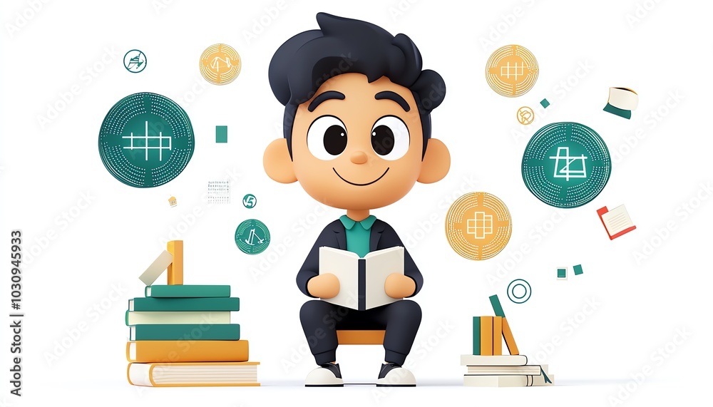 Smiling cartoon boy reading a book surrounded by general language symbols. Smiling cartoon boy reading a book surrounded by general language symbols.