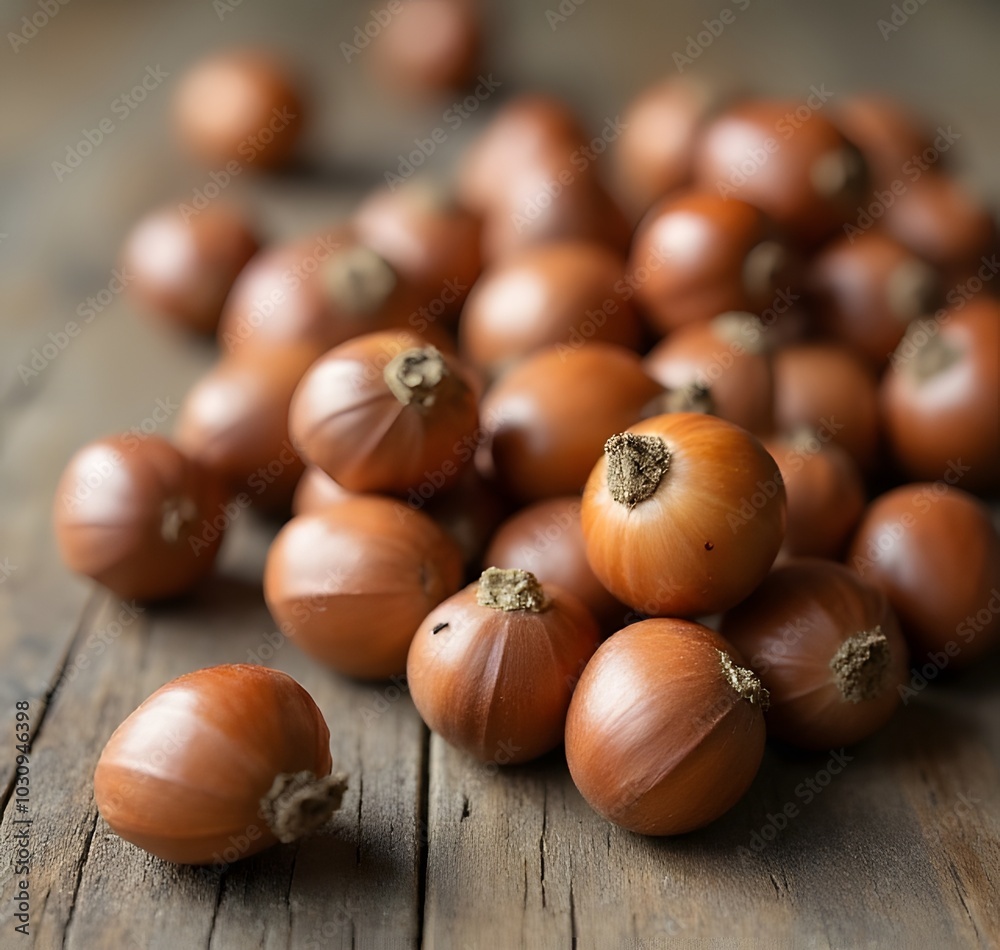 Hazelnuts create a warm atmosphere with rustic charm on a simple wooden background. Hazelnuts create a warm atmosphere with rustic charm on a simple wooden background.