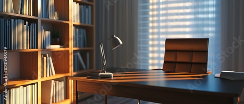 Home Office Serenity: A warm, inviting home office space bathed in soft natural light, featuring a sleek wooden desk, a comfortable chair, and a well-stocked bookshelf.