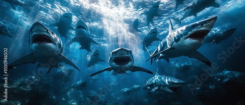 A dynamic underwater scene featuring several sharks swimming gracefully in blue ocean waters, showcasing marine life beauty. photo