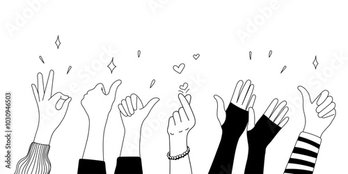 Doodle sketch hands up gestures comic icons silhouettes vector set. Group of line art fun comic hands in the air. Voting or happy congratulation audience recognition symbols.
