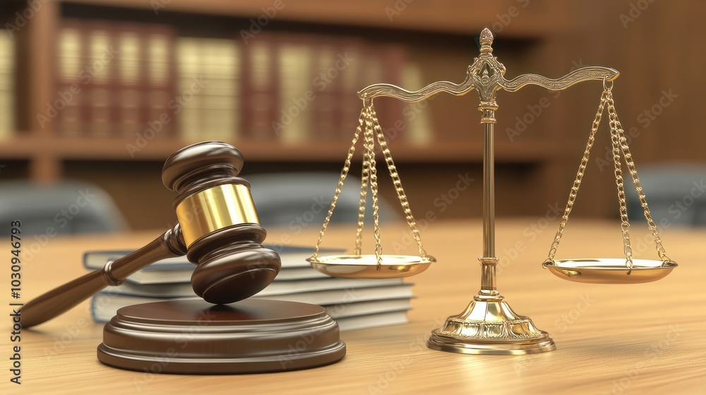 Legal concept image featuring a judge's gavel, scales of justice, and law books in a courtroom setting with blurred background. Legal concept image featuring a judge's gavel, scales of justice, and law books in a courtroom setting with blurred background.